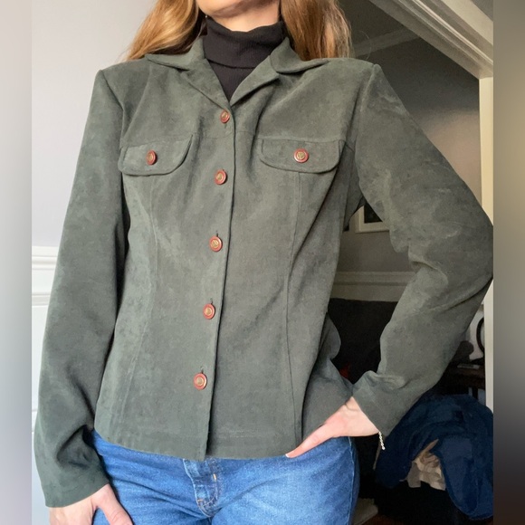 Vintage Algo 90s deep olive green faux-suede blazer-style jacket - Picture 3 of 14